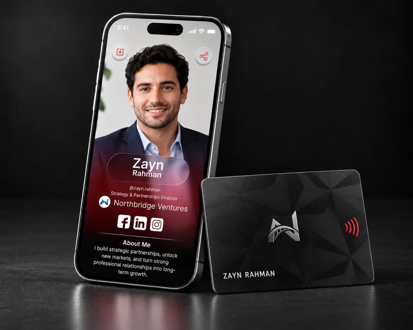 A phone showing Zayn Rahman’s Linkist profile, with his black Signature NFC card standing beside it. The person is an example.
