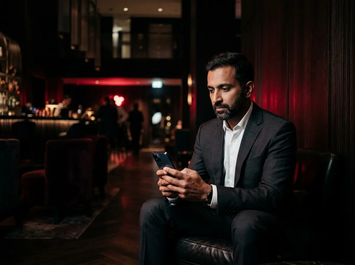 A professional in a hotel lobby searching on his phone
