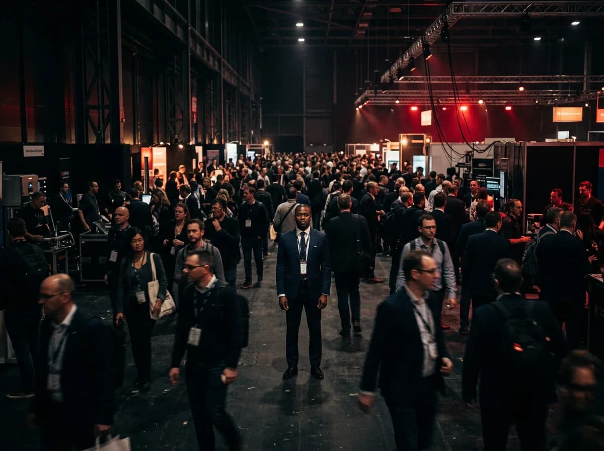 A crowded conference hall with one person standing still