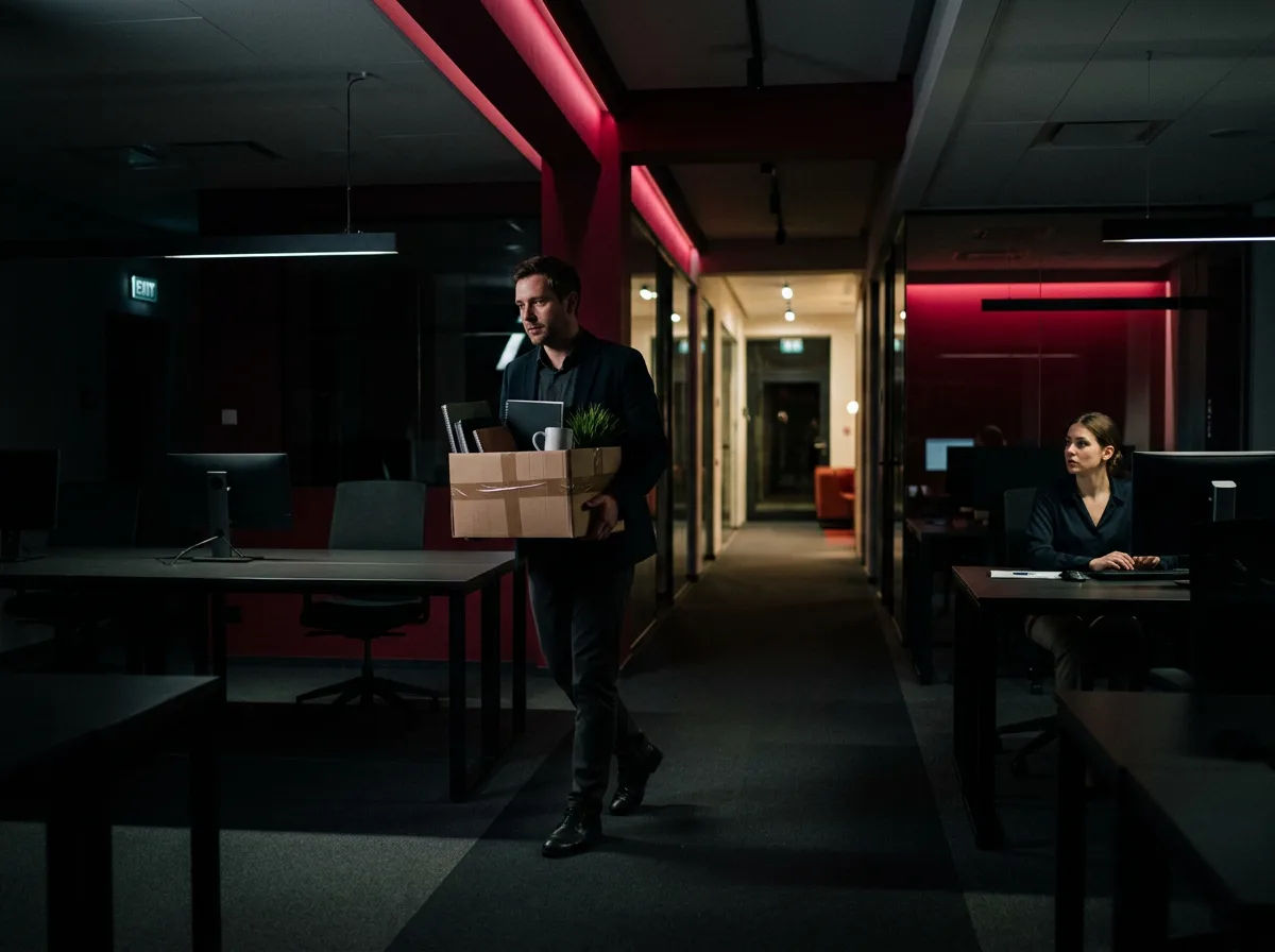 A person leaving an office carrying a box of belongings