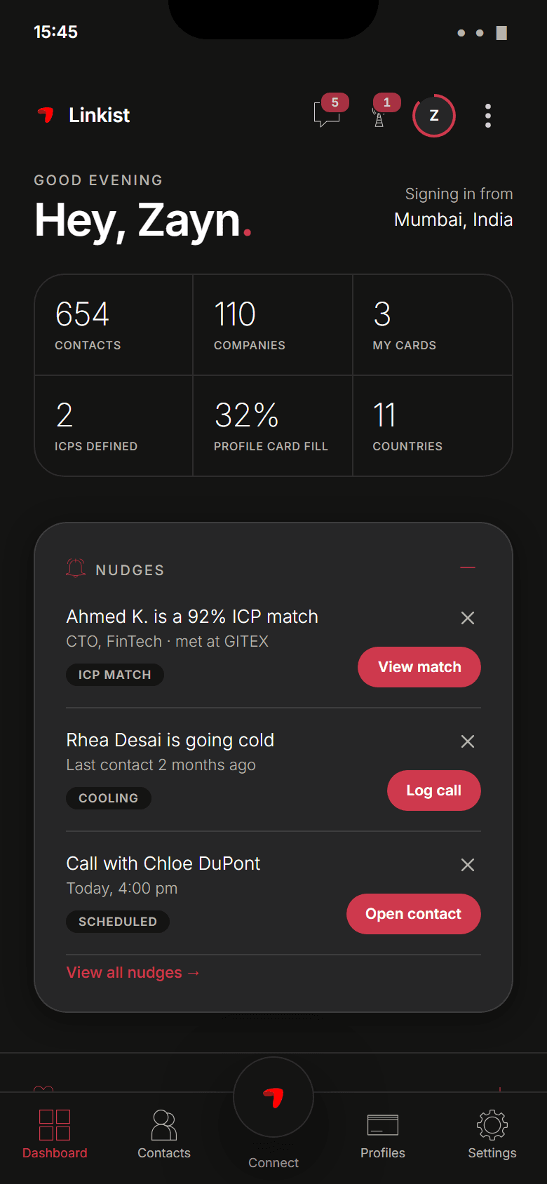 Design preview. Home: the network at a glance and the nudges that need action, an ICP match, a relationship going cold, a scheduled call