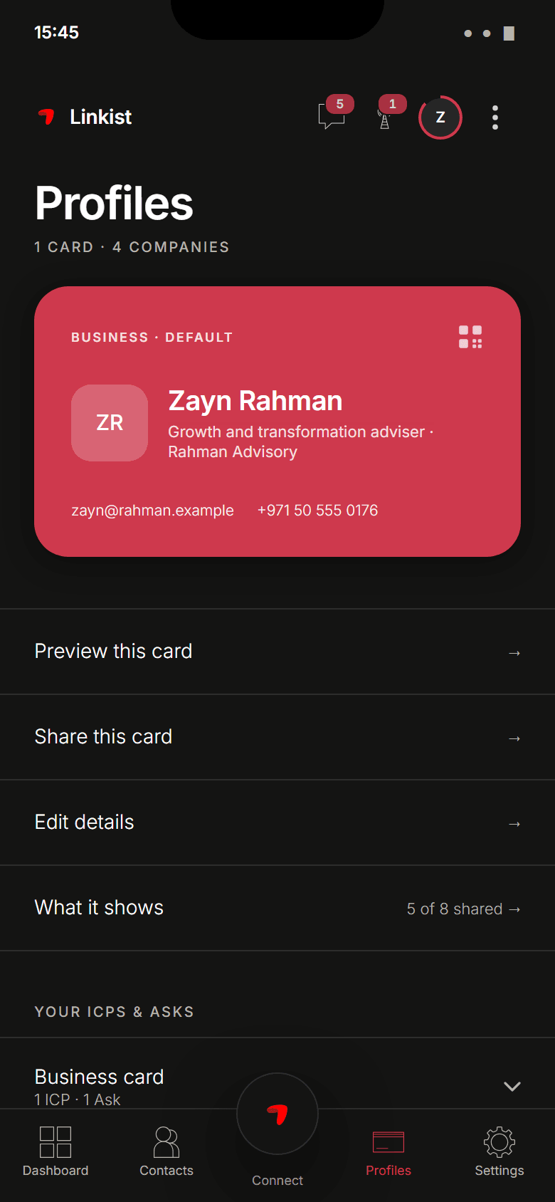 Design preview. Profiles: the business card and the profiles behind it