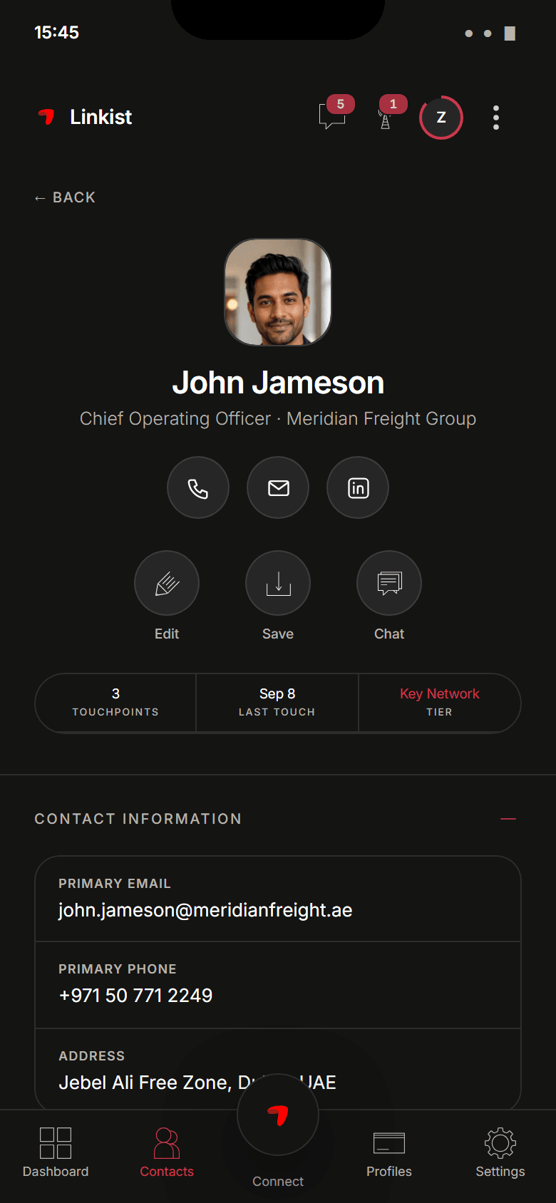 Design preview. A contact: role, company, last touch, contact information, interactions and company intelligence